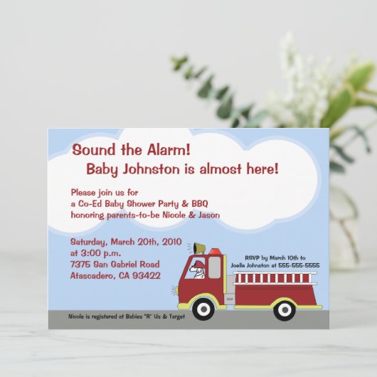 Fire Truck FIremen 5x7 Baby shower Uitnodiging (Staand voorkant)