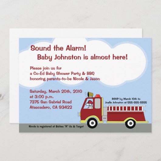 Fire Truck FIremen 5x7 Baby shower Uitnodiging (Voorkant / Achterkant)