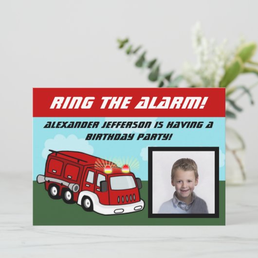 Fire Truck Foto Verjaardagsfeestuitnodigingen Kaart (Staand voorkant)