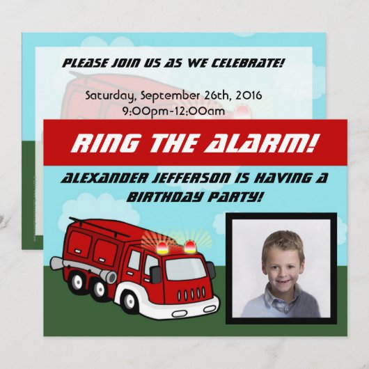 Fire Truck Foto Verjaardagsfeestuitnodigingen Kaart (Voorkant / Achterkant)