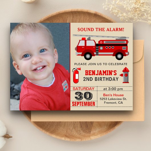 Fire Truck Kinder Foto Birthday Party Invitation Kaart