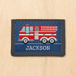 Fire Truck Navy Blue Polka Dot Aangepast Kind Drievoud Portemonnee<br><div class="desc">Je kleine brandweerman zal van deze persoonlijke brandweerman houden. Voeg eenvoudig hun naam toe om dit een speciaal cadeau te maken.</div>