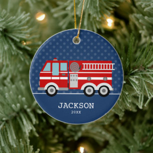 Fire Truck Navy Blue Polka Dot Aangepast Kind Keramisch Ornament