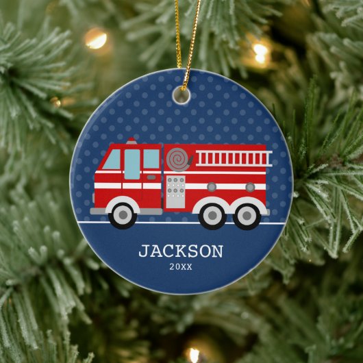 Fire Truck Navy Blue Polka Dot Aangepast Kind Keramisch Ornament (Boom)