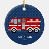 Fire Truck Navy Blue Polka Dot Aangepast Kind Keramisch Ornament (Achterkant)