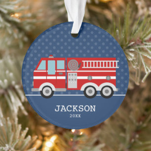 Fire Truck Navy Blue Polka Dot Aangepast Kind Ornament