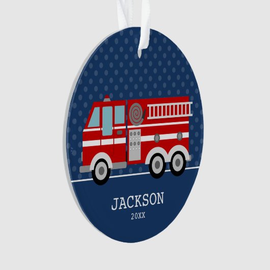 Fire Truck Navy Blue Polka Dot Aangepast Kind Ornament (voorkant)