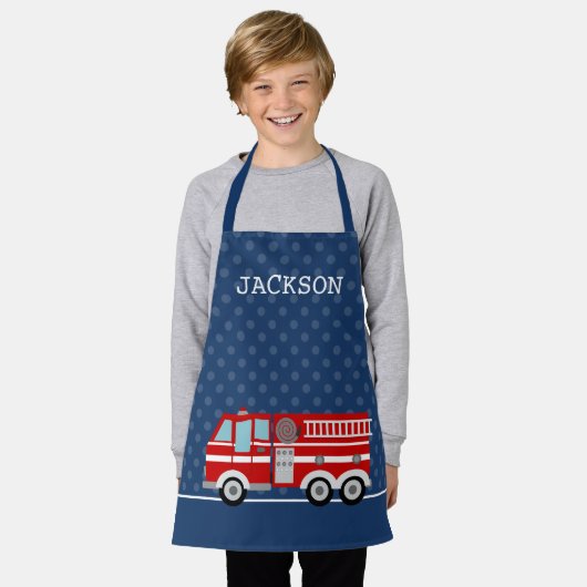 Fire Truck Navy Blue Polka Dot Aangepast Kind Schort (Gedragen)