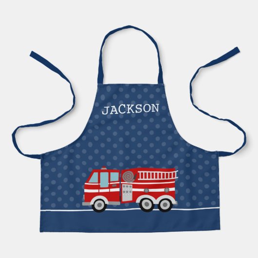 Fire Truck Navy Blue Polka Dot Aangepast Kind Schort (Voorkant)