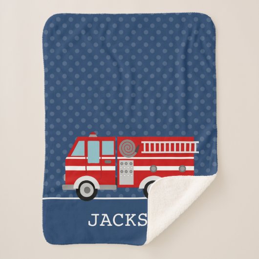 Fire Truck Navy Blue Polka Dot Personalized Boy Sherpa Deken (Voorkant)