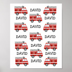 Fire Truck Personated Baby Name Nursery Wall Art Poster