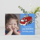 Fire Truck Photo Custom Birthday Invitation, Boy Kaart (Staand voorkant)