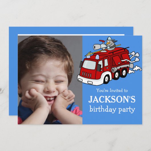 Fire Truck Photo Custom Birthday Invitation, Boy Kaart (Voorkant / Achterkant)