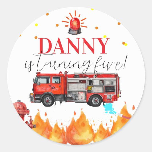 Fire Truck Theme Verjaardag Ronde Sticker (Voorkant)