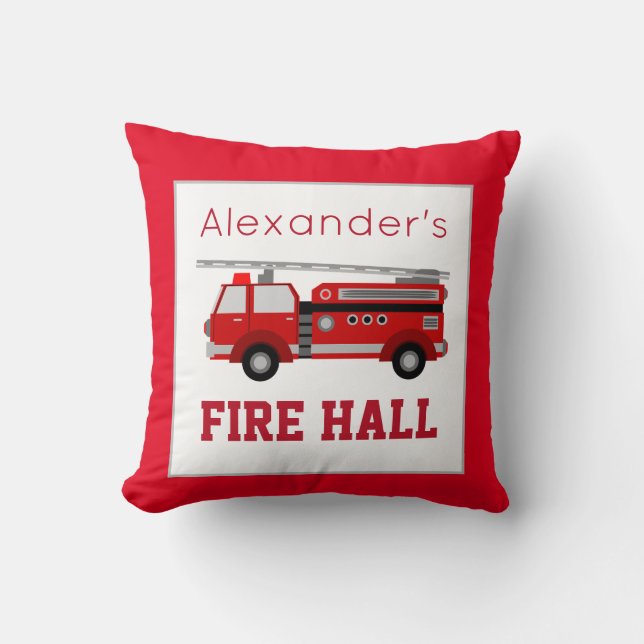 Fire Truck Vehicle Theme Aangepaste Naam op Rood Kussen (Voorkant)