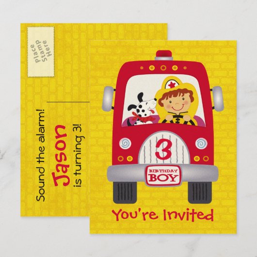 Fire Truck Verjaardag Jongen Uitnodiging Briefkaart (Voorkant / Achterkant)