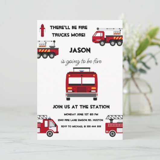 Fire Truck Verjaardag Uitnodiging Brandweerman Par (Staand voorkant)