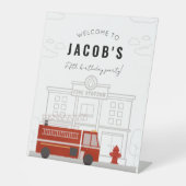 Fire Truck Verjaardagsfeestje Welkomstbord Reclamebord Met Voetstuk (Voorkant)