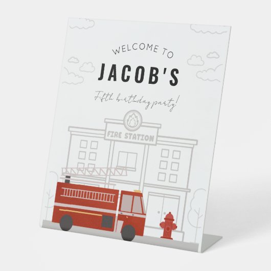 Fire Truck Verjaardagsfeestje Welkomstbord Reclamebord Met Voetstuk (Voorkant)