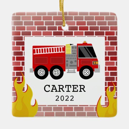 Fire Truck vliegt Kinder kleine kerstman Keramisch Ornament (Voorkant)