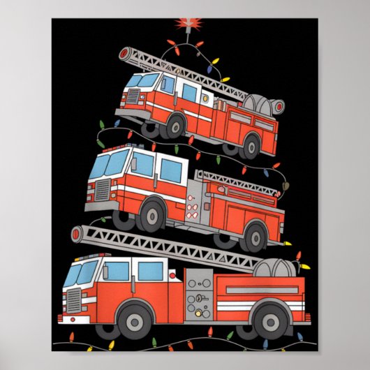 Fire Trucks Christmas Tree Lights Xmas Firefighter Poster (Voorkant)