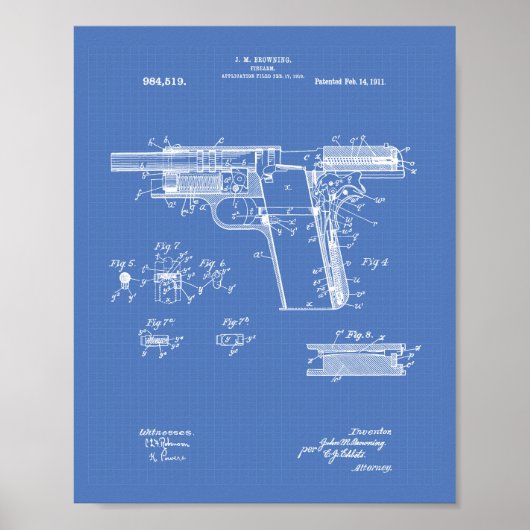 Firearm 1911 Patent Art Blueprint Poster (Voorkant)