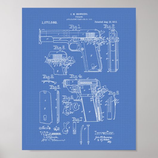 Firearm 1913 Patent Art Blueprint Poster (Voorkant)