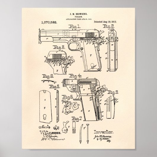 Firearm 1913 Patent Art Old Peper Poster (Voorkant)