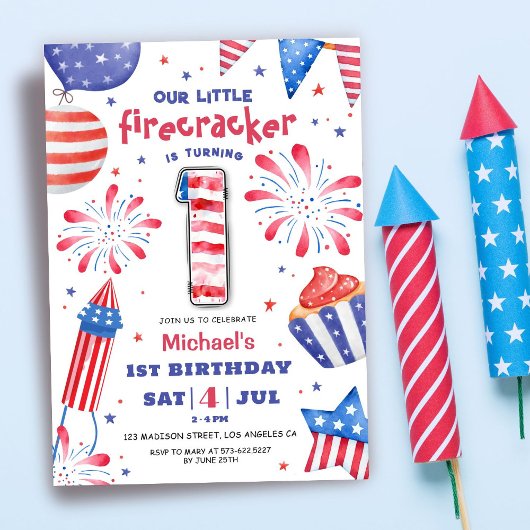 Firecracker 4 juli 1 Verjaardag Patriottisch Schat Kaart