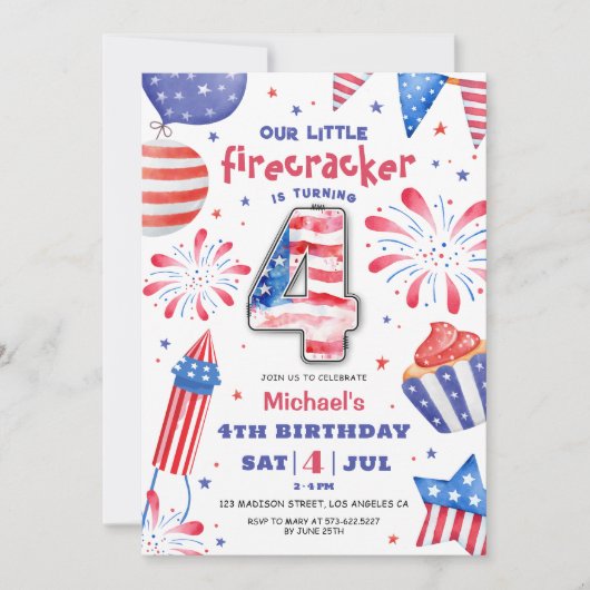 Firecracker 4 juli 4 Verjaardag Patriottisch Schat Kaart (Voorkant)