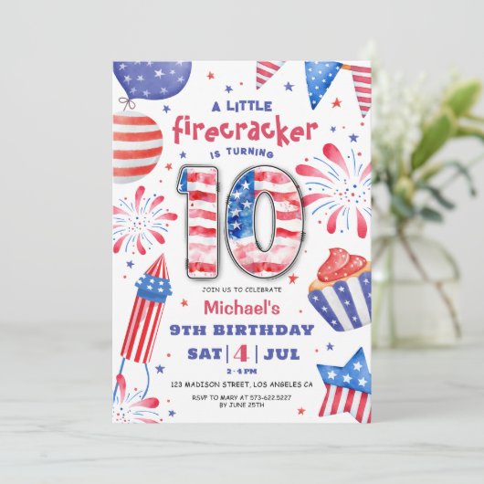Firecracker 4th juli 10th Birthday Patriotic Schat Kaart (Staand voorkant)