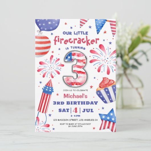 Firecracker 4th juli 3rd Birthday Patriotic Schatt Kaart (Staand voorkant)