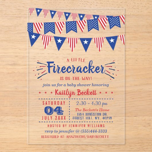 Firecracker onderweg! 4 juli Baby shower Acryl Uitnodigingen (Voorkant)