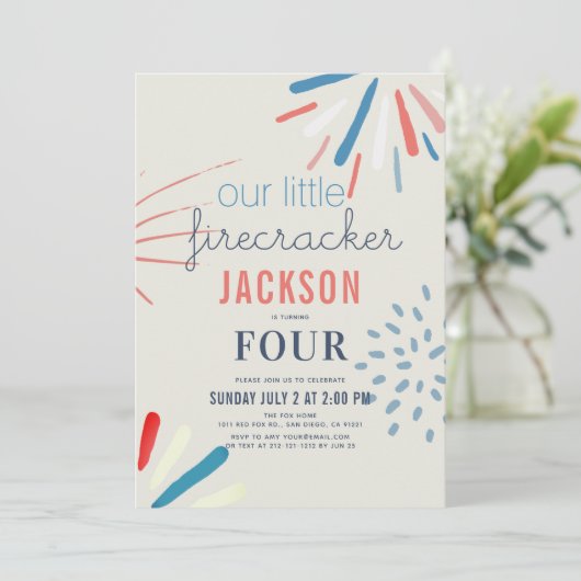 Firecracker op 4 juli Fireworks Birthday Kaart (Staand voorkant)