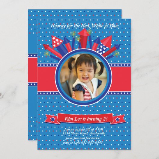 Firecracker Photo Birthday Party Invitation Kaart (Voorkant / Achterkant)