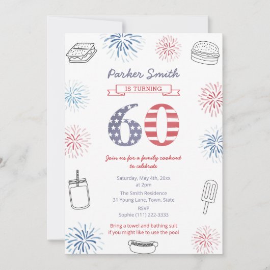 Firecracker rood wit en blauw 60ste verjaardagsfee kaart (Voorkant)