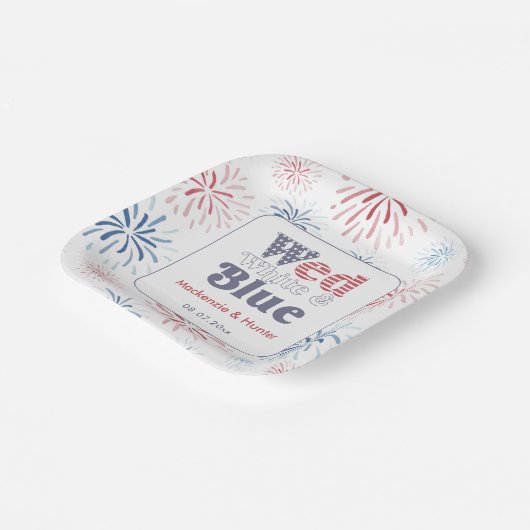 Firecracker Wed Wit Blauw Achtertuin Bruiloft Douc Papieren Bordje (Gebogen)