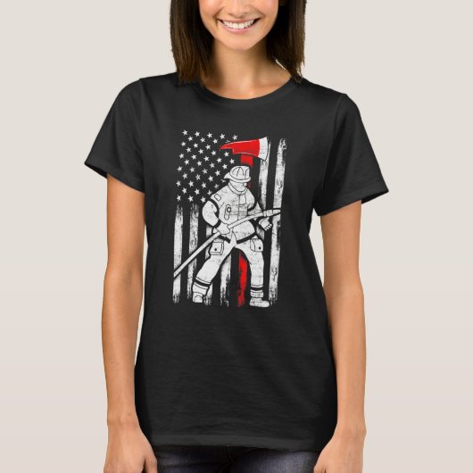 Firefighter American Flag Patriotic US Fireman 4th T-shirt (Voorkant)