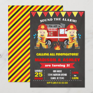 Firefighter Birthday Invitation Joint Girls Twins Kaart