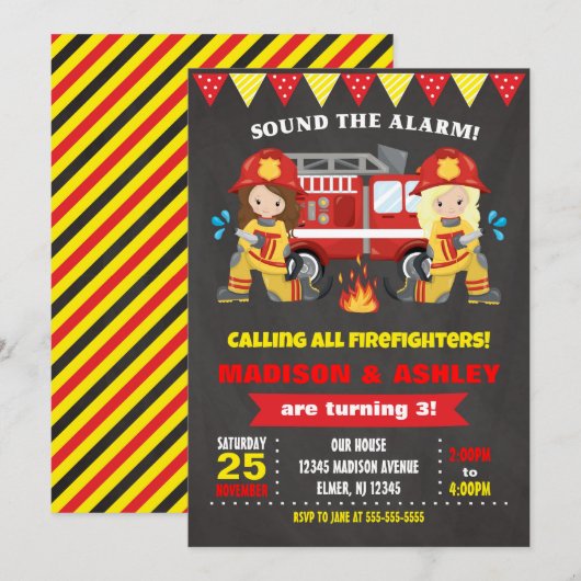 Firefighter Birthday Invitation Joint Girls Twins Kaart (Voorkant / Achterkant)