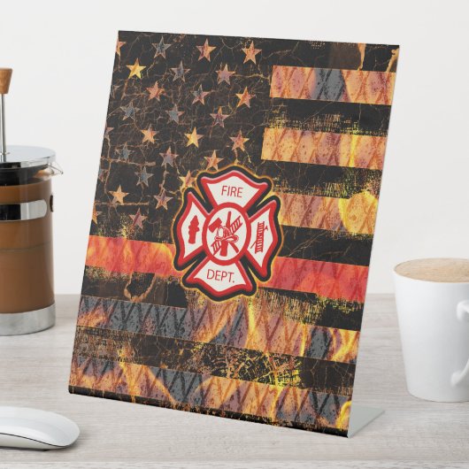 Firefighter Cross and Flames Reclamebord Met Voetstuk (Insitu)