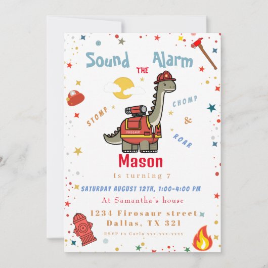 Firefighter dinosaur birthday kaart (Voorkant)