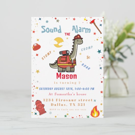 Firefighter dinosaur birthday kaart (Staand voorkant)