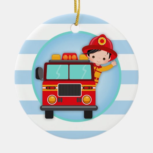 Firefighter Fire Truck Black Hair Boy Keramisch Ornament (Voorkant)