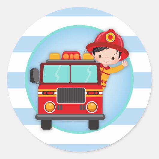 Firefighter Fire Truck Black Hair Boy Ronde Sticker (Voorkant)