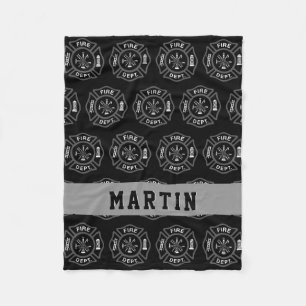 Firefighter Gift Maltese Cross Name Black Grey Fleece Deken
