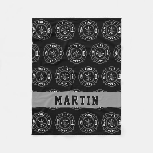 Firefighter Gift Maltese Cross Name Black Grey Fleece Deken (Voorkant)