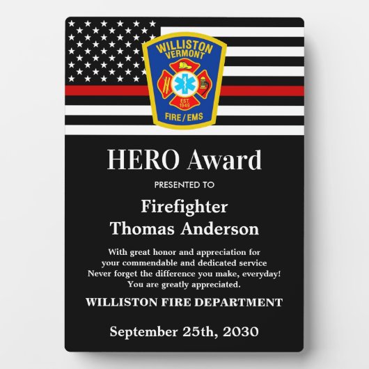 Firefighter HERO Award Thin Red Line Fotoplaat (voorkant)