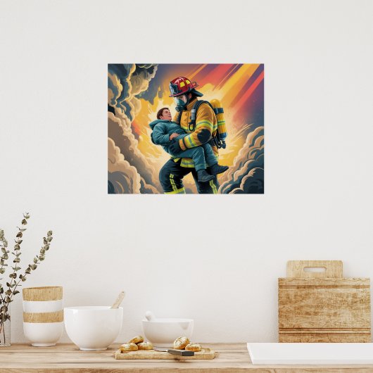 Firefighter Hero Rescue Scene Poster (Keuken)