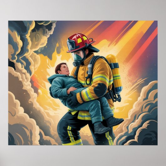 Firefighter Hero Rescue Scene Poster (Voorkant)